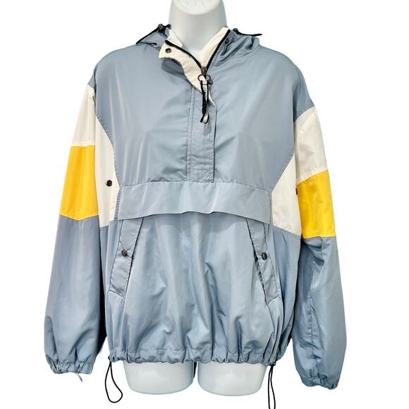Bershka Blue White Yellow Colorblock Anorak Half Zip Snap Windbreaker size M - Picture 2 of 14
